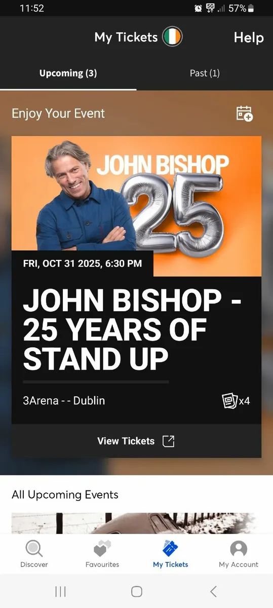 John Bishop 3Arena Friday 31st October 2 Tickets