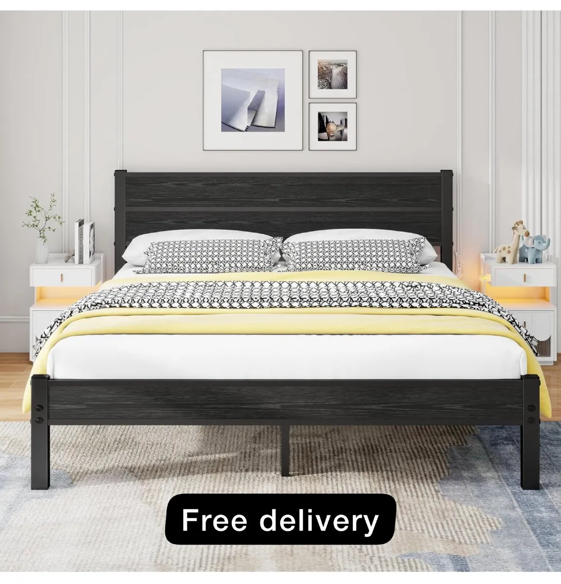 King Size Bed Frame with Wooden Headboard - Image 1