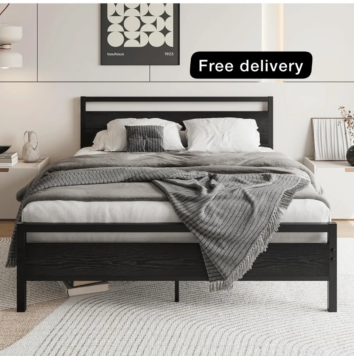 King Size Metal Bed Frame With Wooden Headboard - Image 1