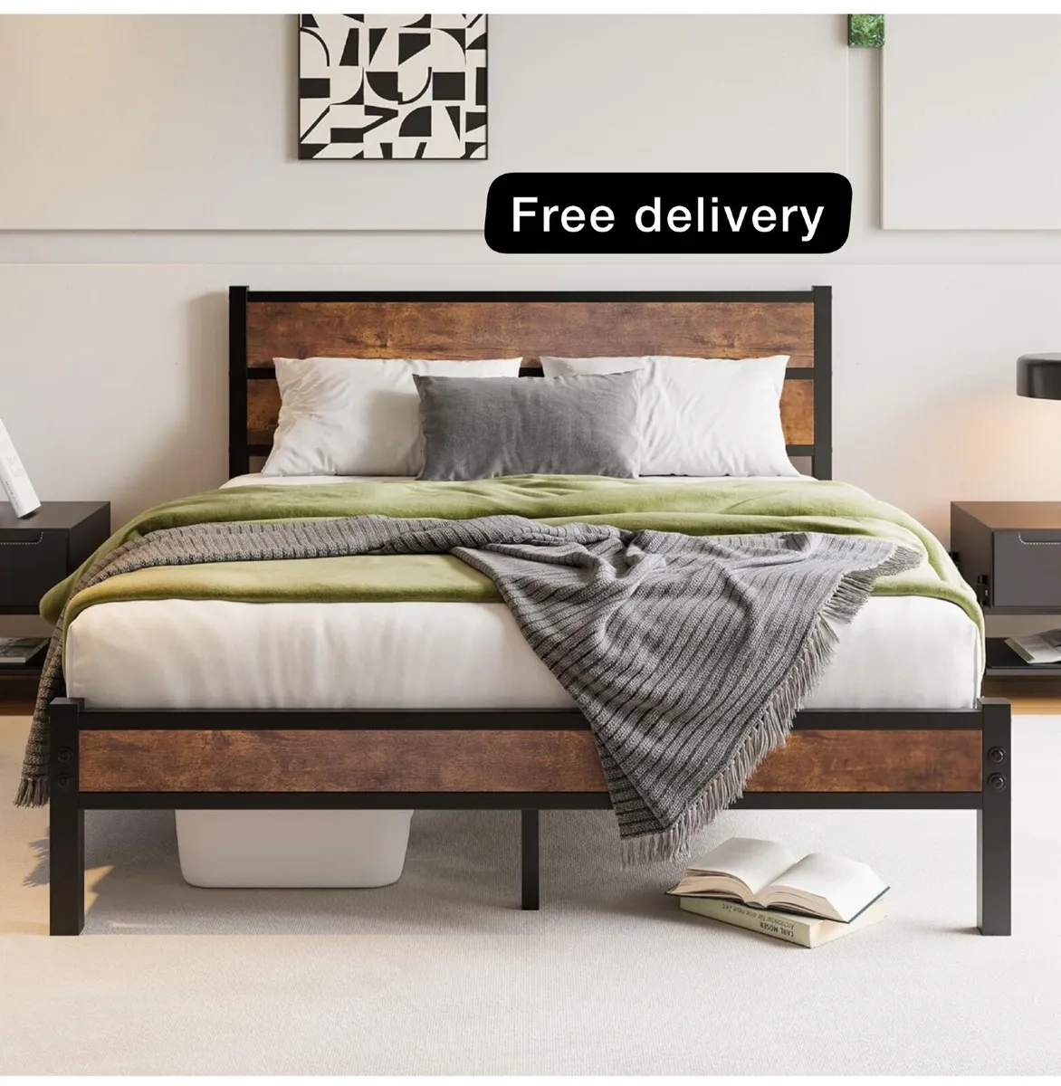 King Size Bed Frame with Wooden Headboard Bed Fram - Image 1