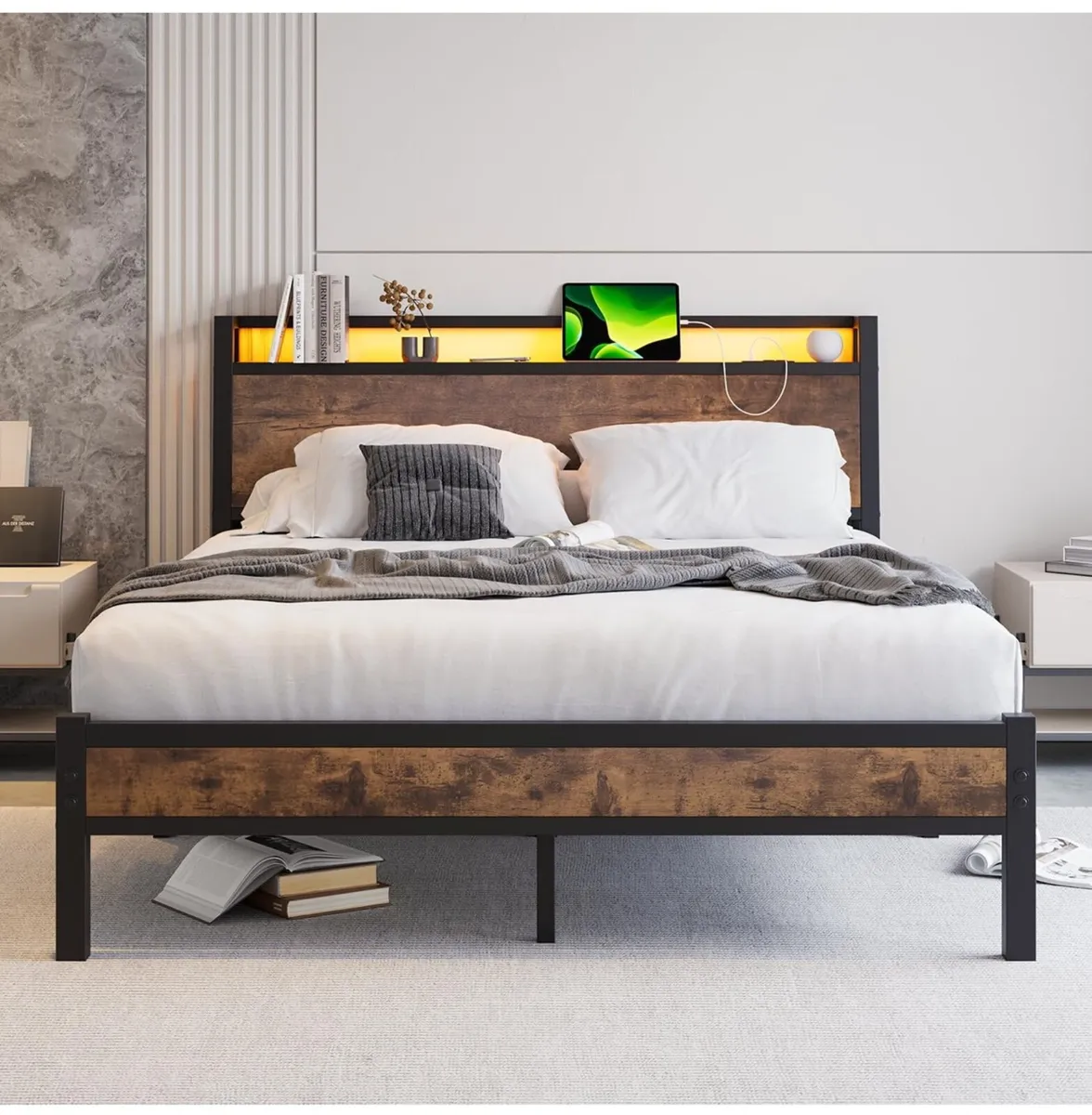 King Size Bed Frame with Charging Station and LED - Image 1