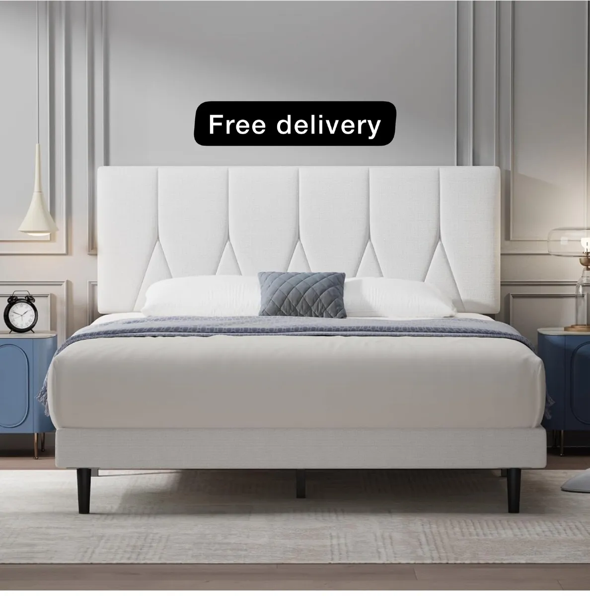 King Bed Frame, White, Upholstered Wooden Slat - Image 1