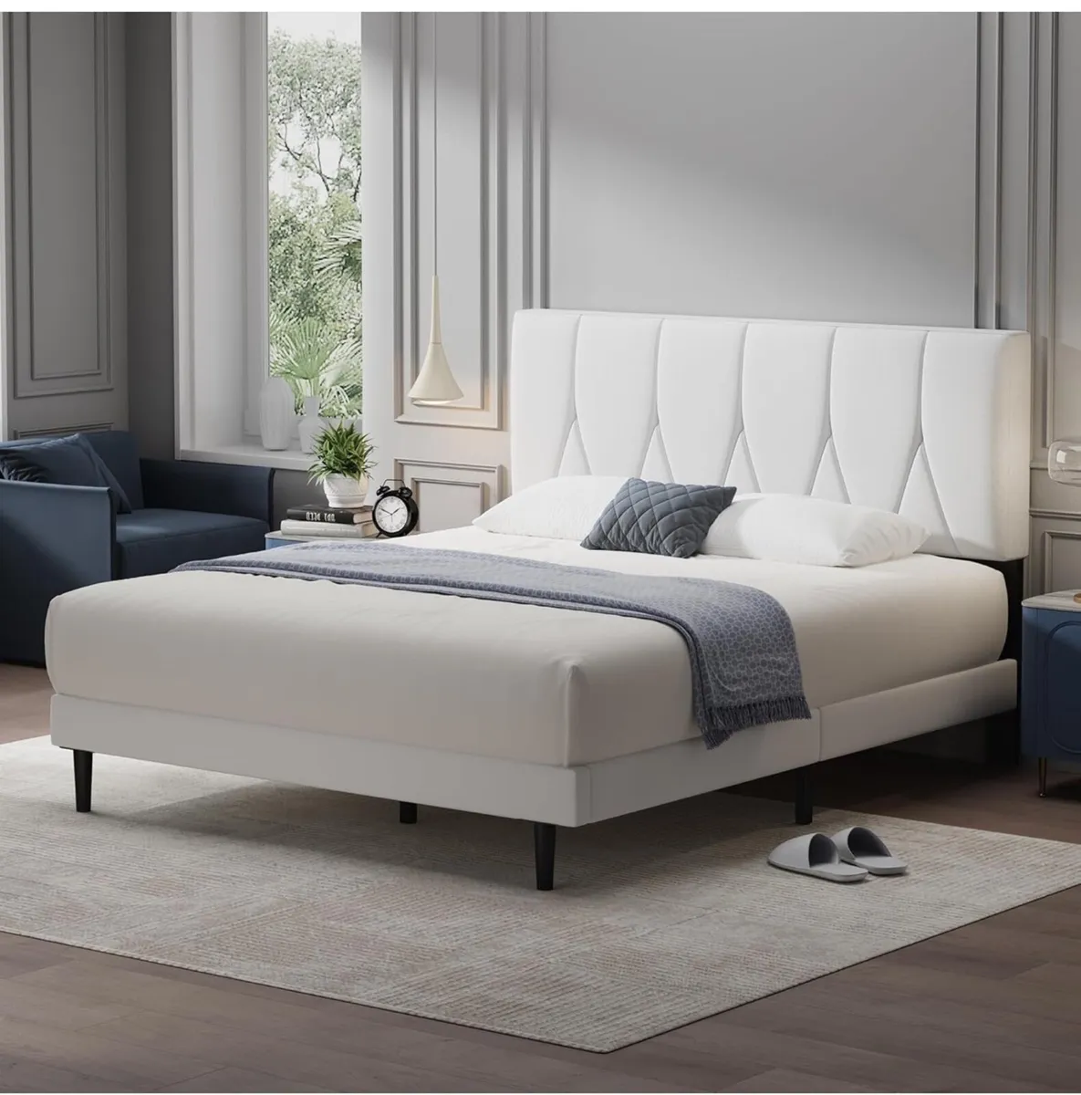 King Bed Frame, White, Upholstered Wooden Slat - Image 1