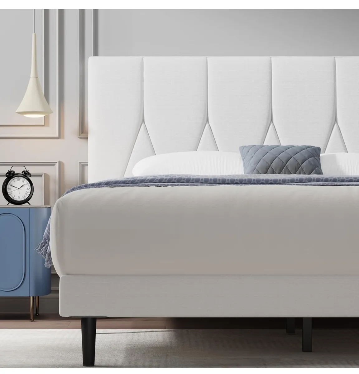 King Bed Frame, White, Upholstered Wooden Slat - Image 2