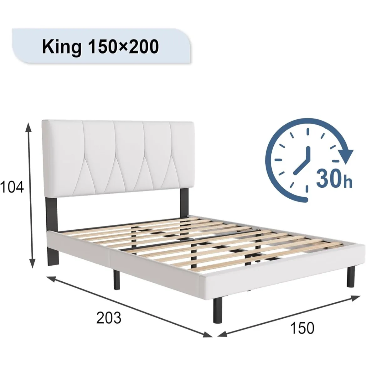 King Bed Frame, White, Upholstered Wooden Slat - Image 3