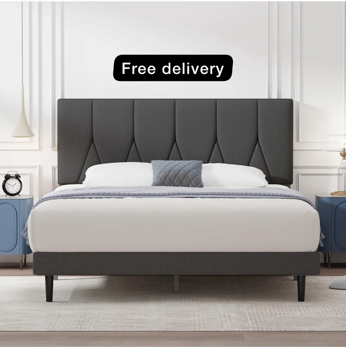 King Bed Frame, Dark Grey, Upholstered Wooden Slat - Image 1