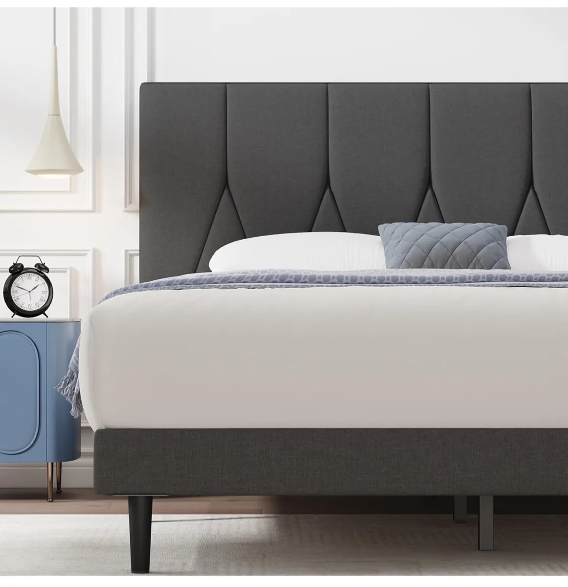 King Bed Frame, Dark Grey, Upholstered Wooden Slat - Image 2