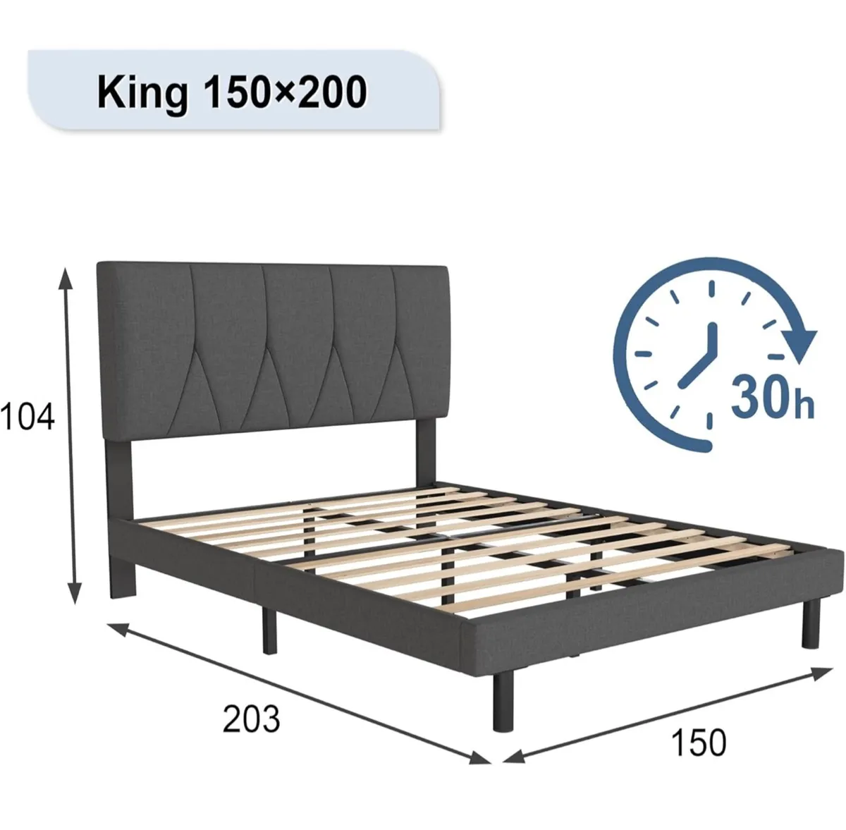 King Bed Frame, Dark Grey, Upholstered Wooden Slat - Image 3