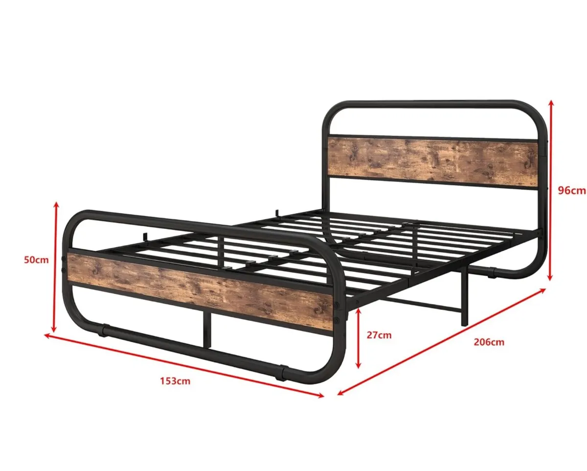 King Size Bed Metal Platform Bed Frame with Wood H - Image 2