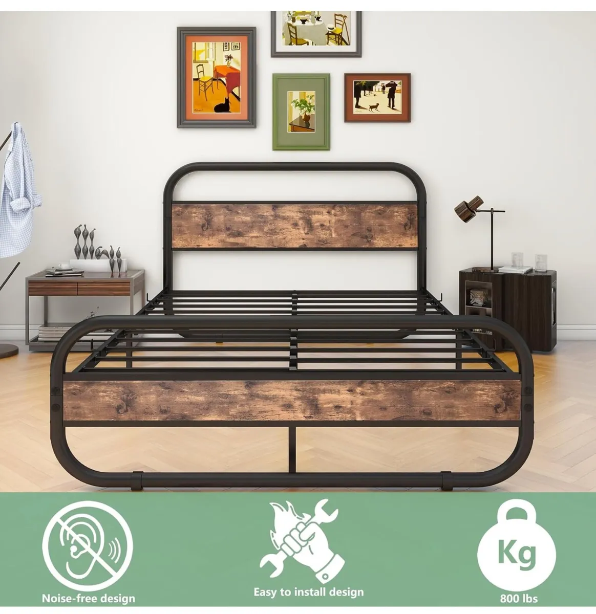 King Size Bed Metal Platform Bed Frame with Wood H - Image 3
