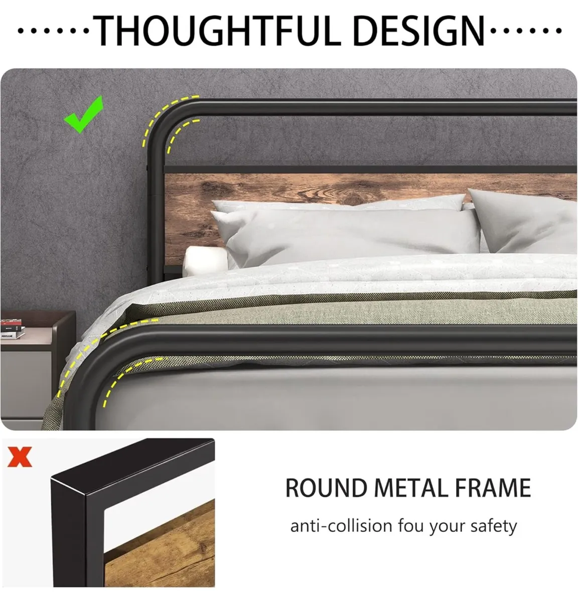 King Size Bed Metal Platform Bed Frame with Wood H - Image 3