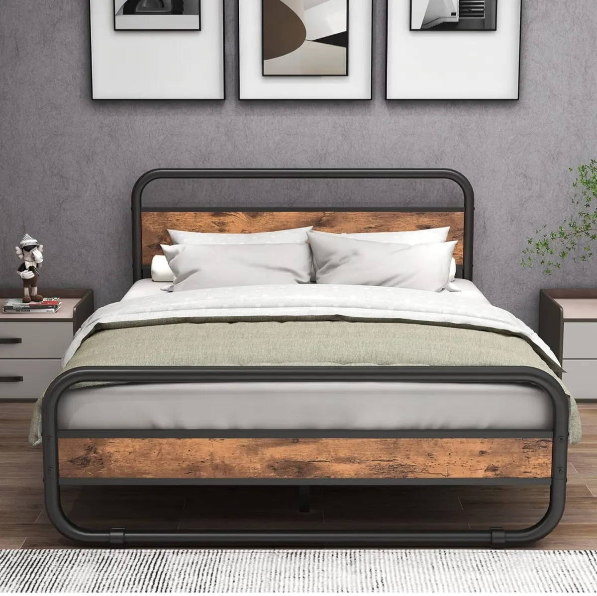 King Size Bed Metal Platform Bed Frame with Wood H - Image 1