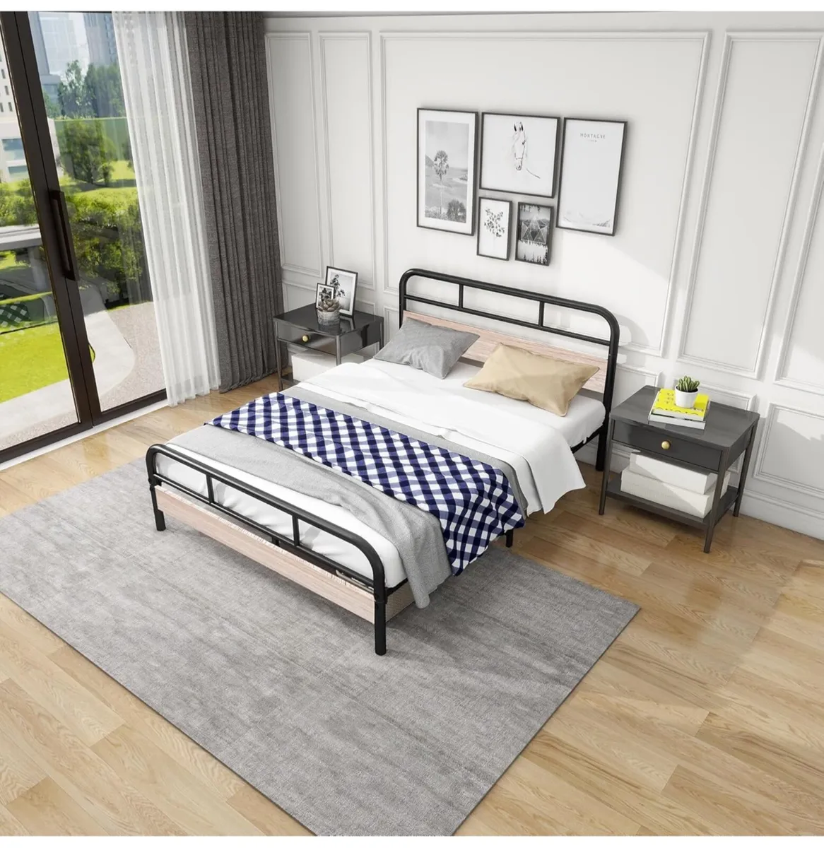 King Bed Frame with Wooden Headboard,Metal Platfor - Image 2