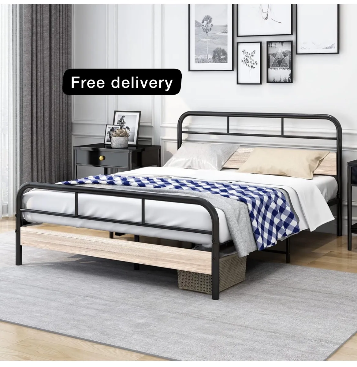 King Bed Frame with Wooden Headboard,Metal Platfor - Image 1