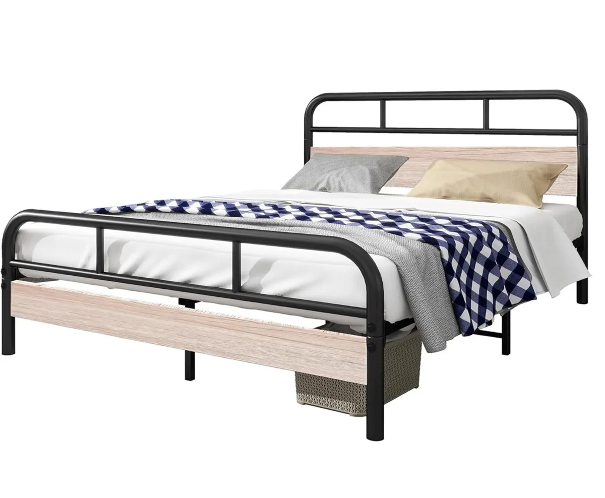 King Bed Frame with Wooden Headboard,Metal Platfor - Image 3