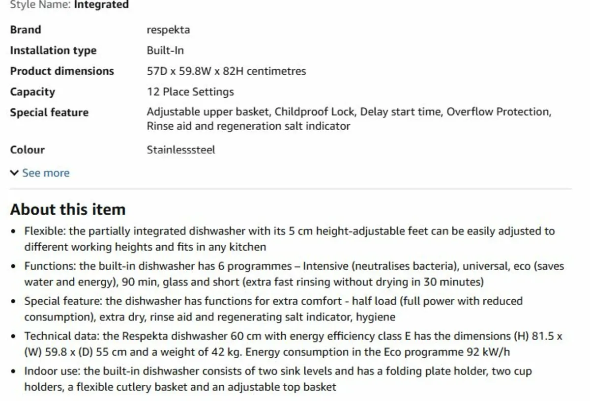 New Respekta Partially Integrated Dishwasher 60 cm - Image 4