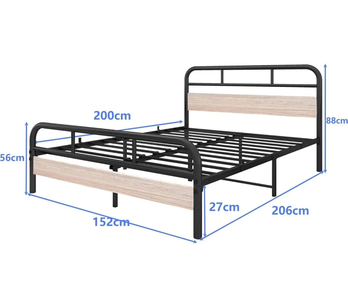 King Bed Frame with Wooden Headboard,Metal Platfor - Image 2