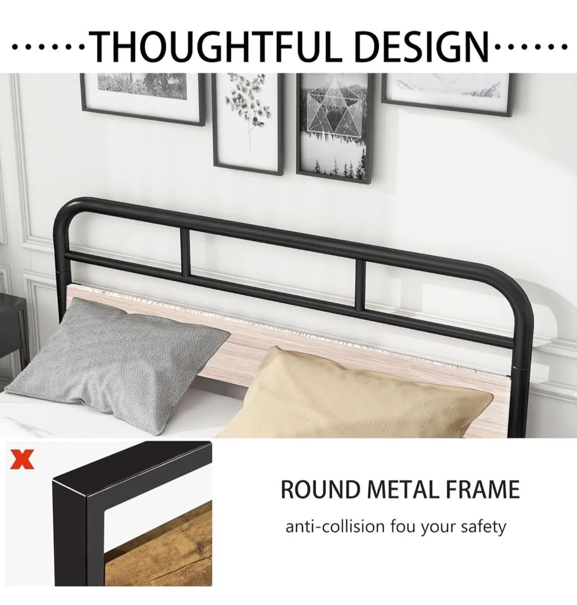 King Bed Frame with Wooden Headboard,Metal Platfor - Image 4
