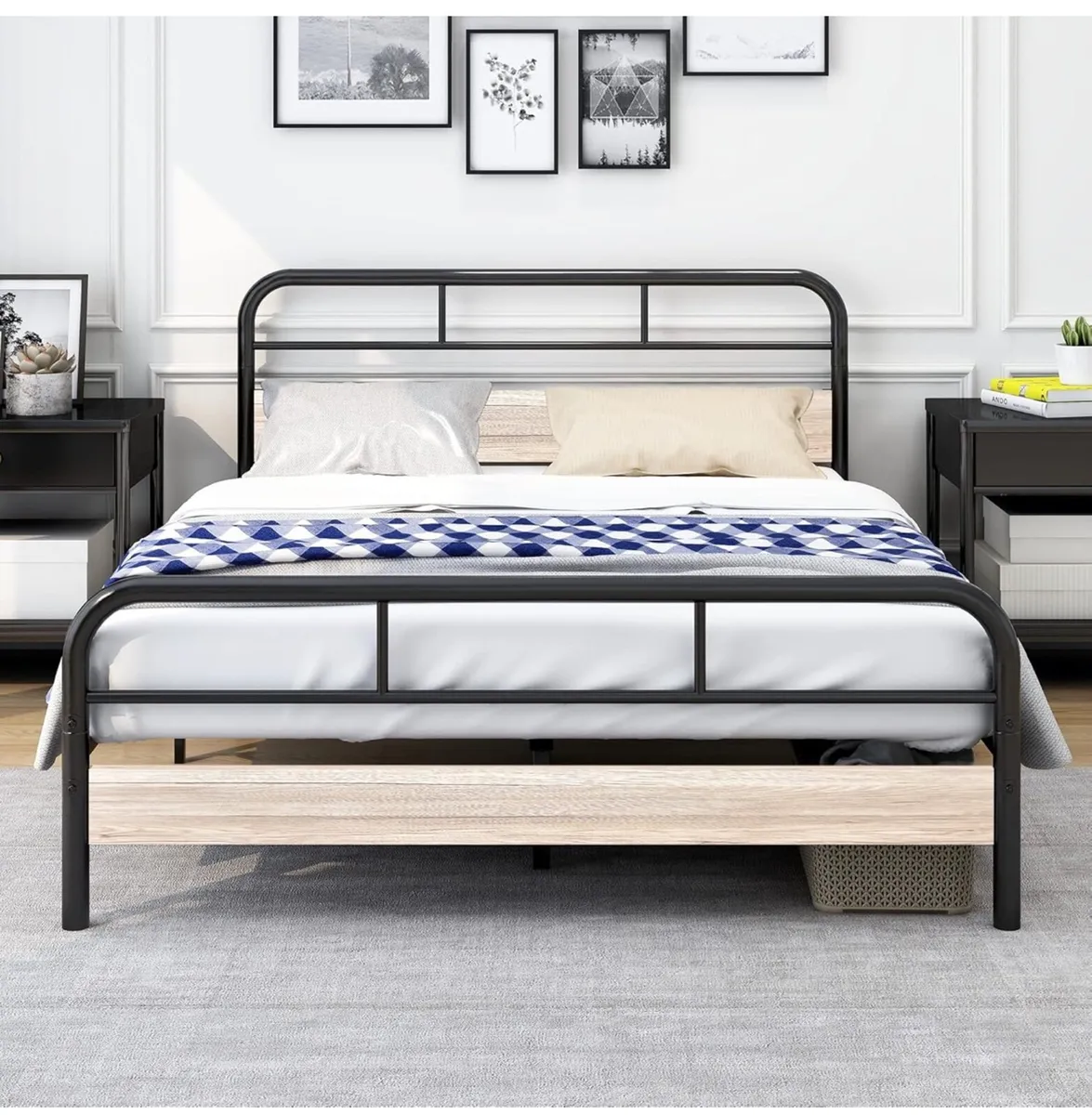 King Bed Frame with Wooden Headboard,Metal Platfor - Image 1
