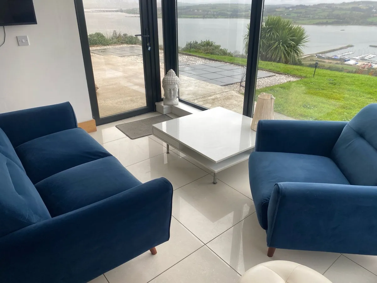 Blue velvet sofa & Armchair and coffee table - Image 1