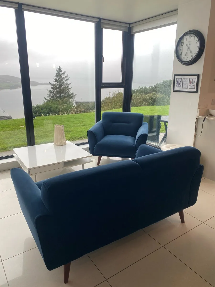 Blue velvet sofa & Armchair and coffee table - Image 2
