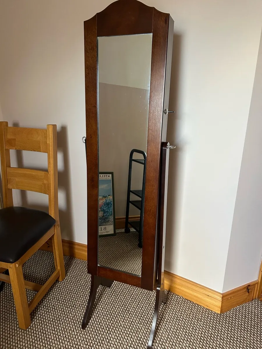 Mahogany effect tall mirror with jewellery storage - Image 1