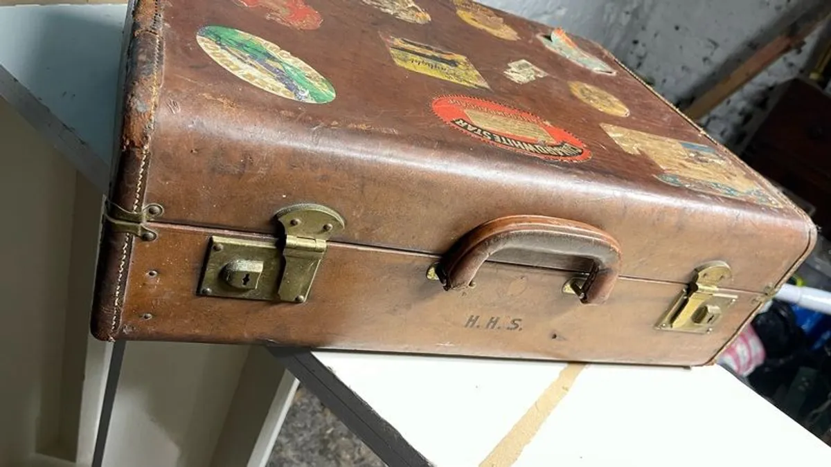 Antique Leather Suitcase with Ocean Going Labels - Image 1