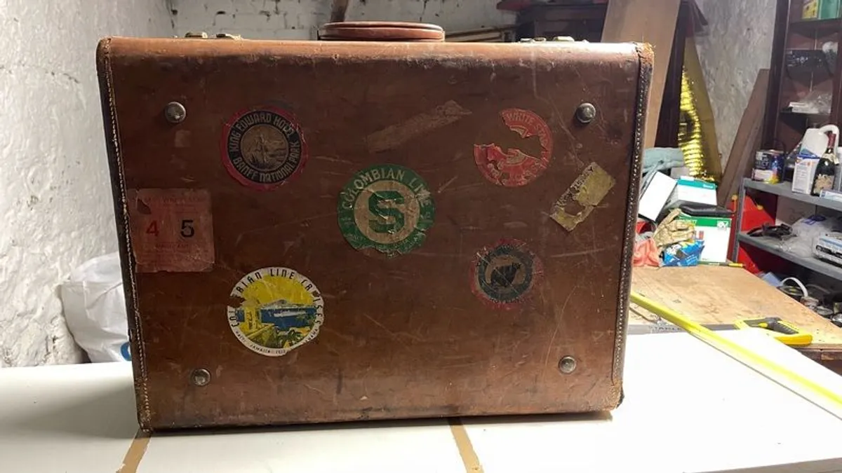 Antique Leather Suitcase with Ocean Going Labels - Image 4