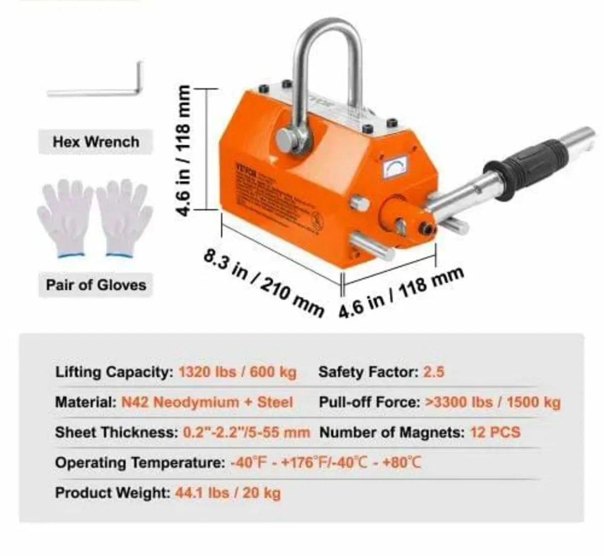 Magnetic Lifter, 1320 lbs/600kg Pulling Capacity, - Image 2