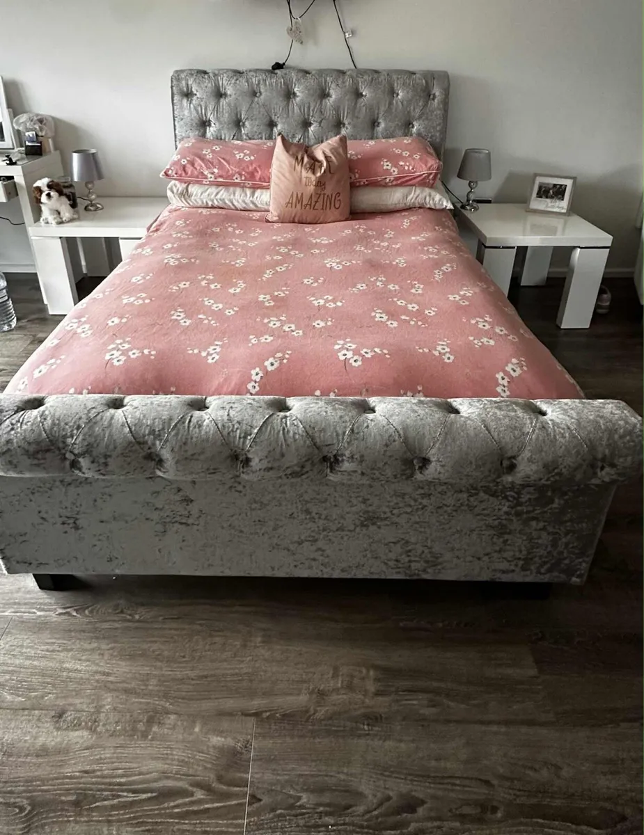 Grey Plush Double Bed Frame - Image 1