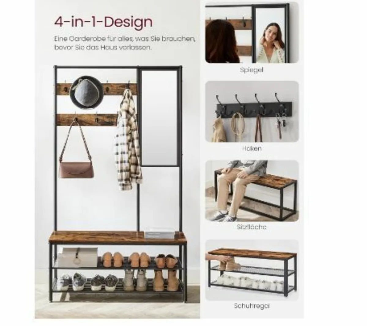 Coat Rack with Hooks Mirror Bench - Image 3