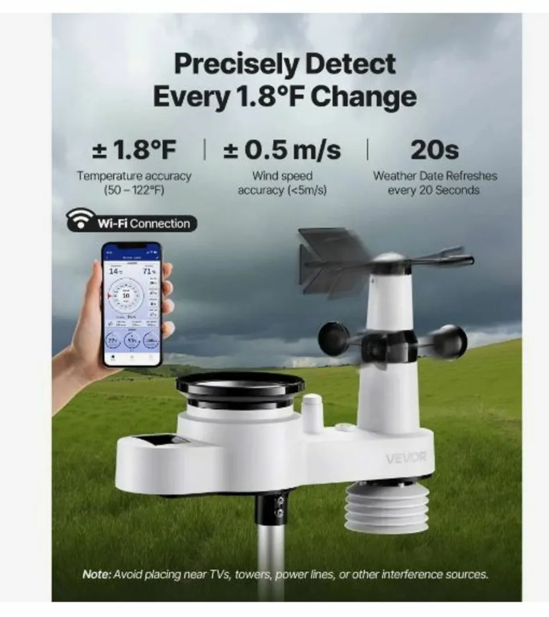 5-in-1 Wi-Fi Weather Station, 190.5 mm VA Display - Image 1
