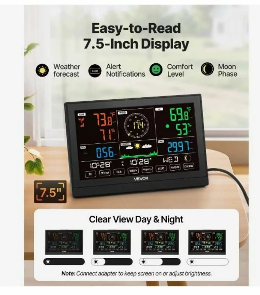5-in-1 Wi-Fi Weather Station, 190.5 mm VA Display - Image 2