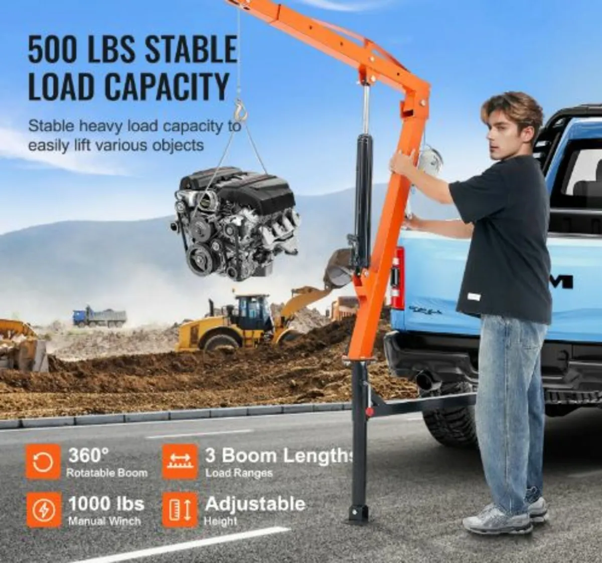 Hydraulic Pickup Truck Crane, 500 lbs Capacity,360 - Image 4