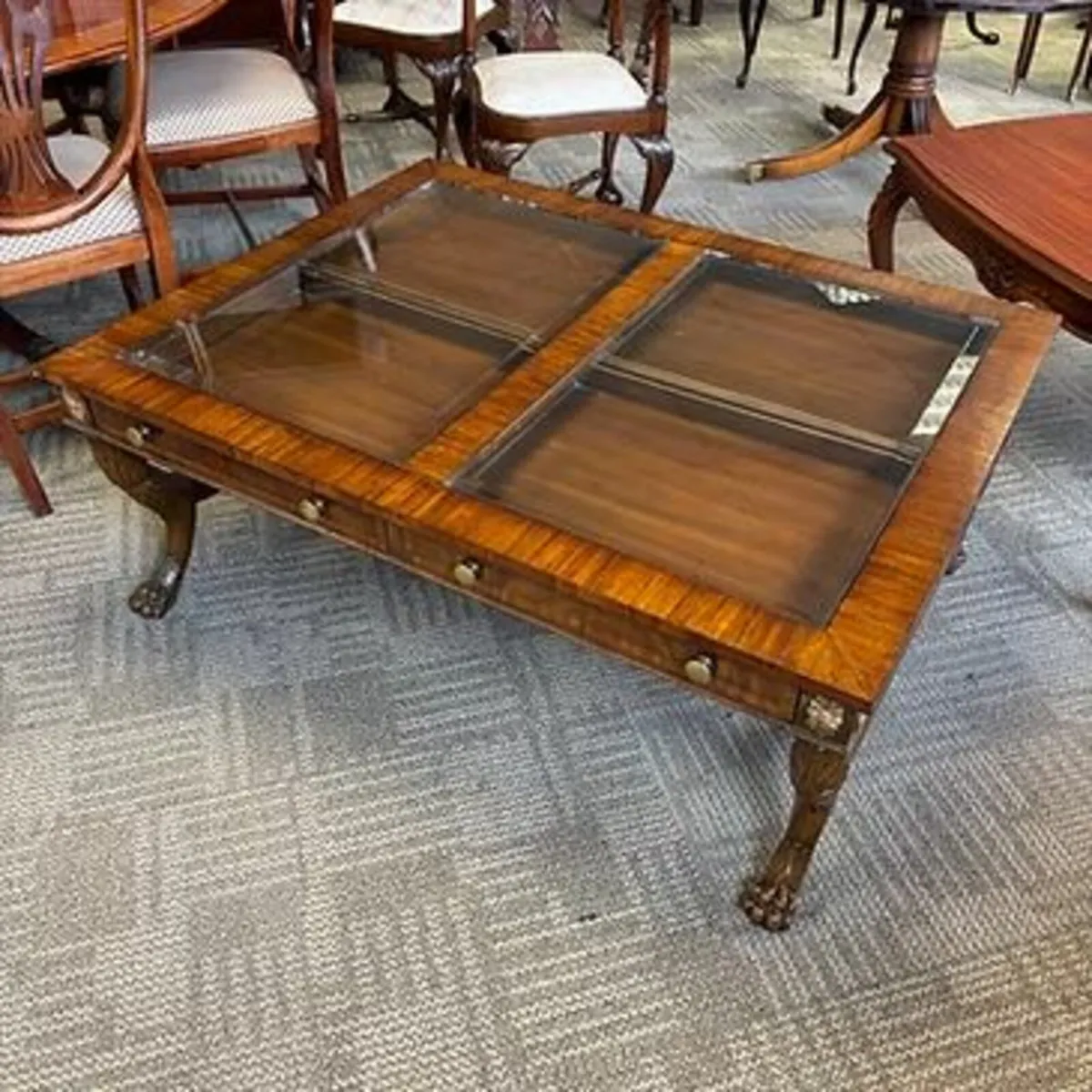 Fabulous glass top mahogany tier coffee table on c