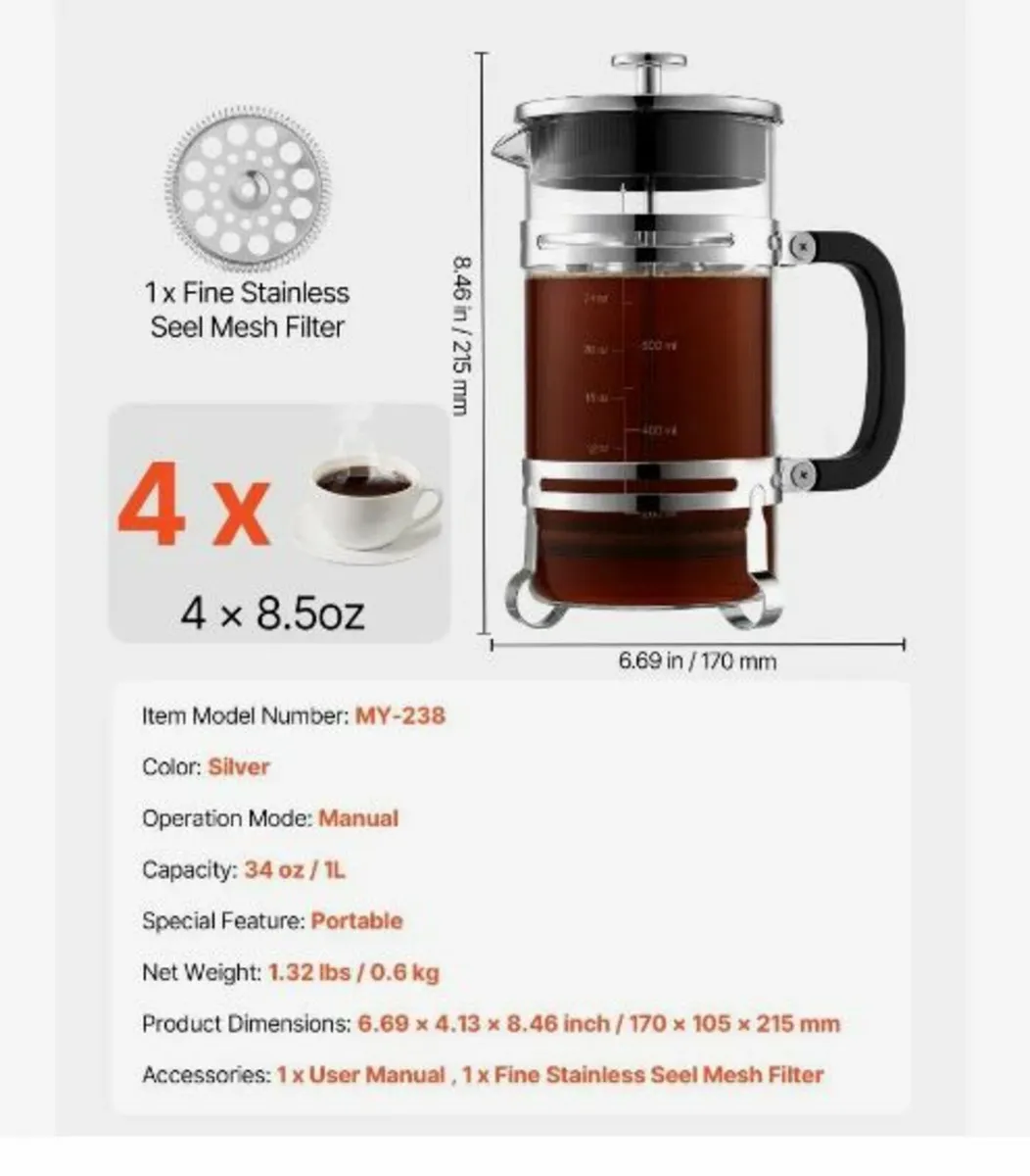 French Press Coffee Maker, 1 Liter - Image 3