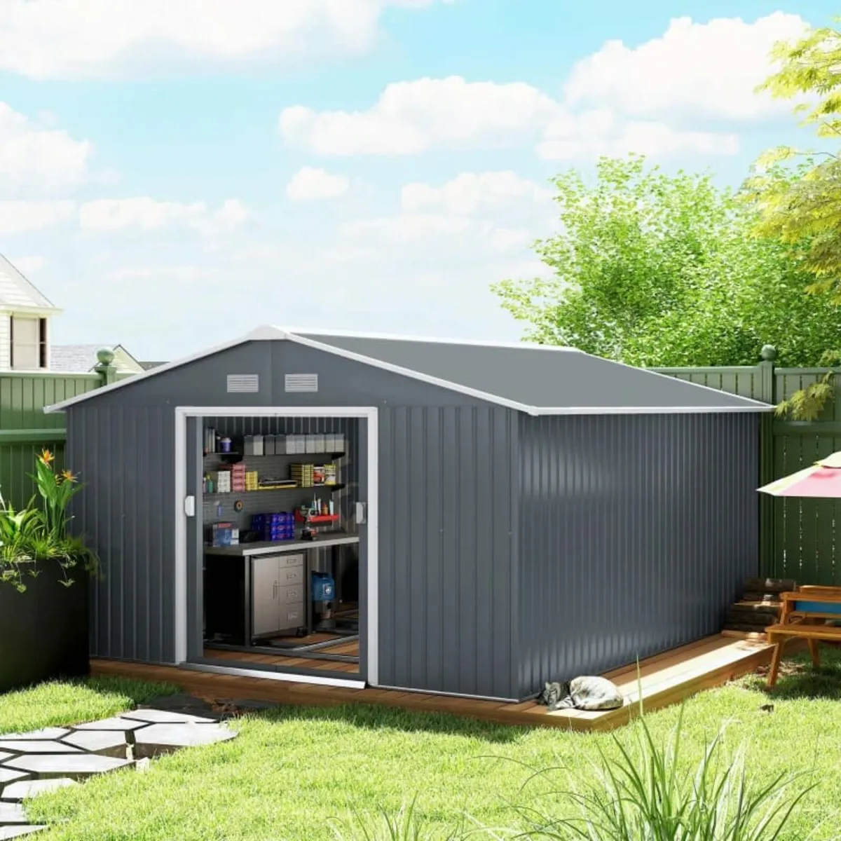 13 x 11ft Garden Metal Storage Shed, Outdoor Stora - Image 1