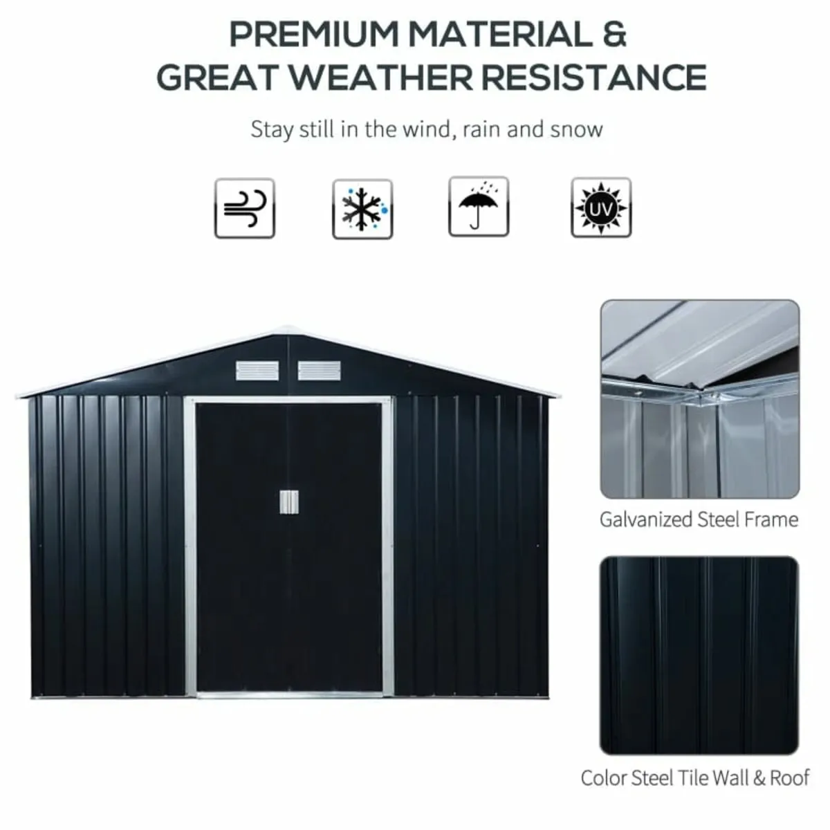9 x 6FT Metal Shed Roofed Garden Shed Outdoor Stor - Image 3