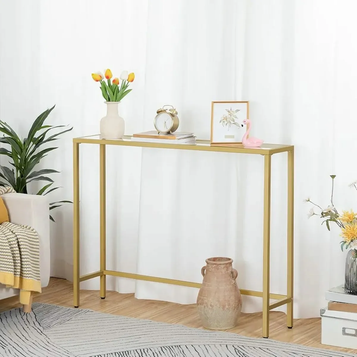 Gold Console Table, Tempered Glass Sofa Table, Sli - Image 4