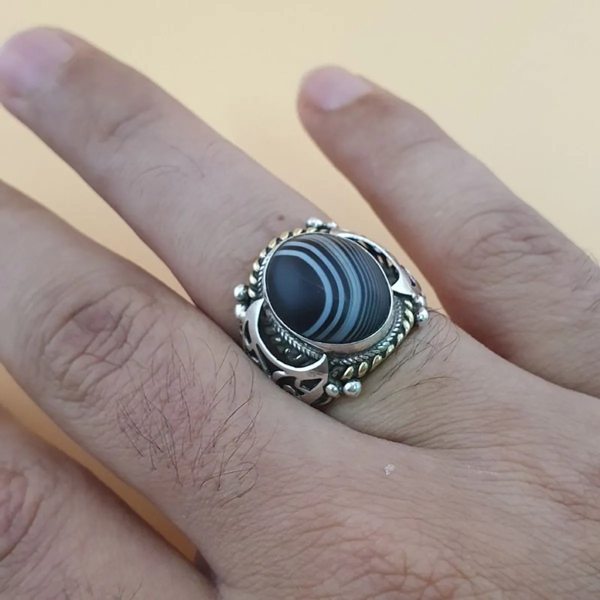 Vintage Brass & Suliemani Eye Agate With Silver Inlay Desgin Ring - Image 1