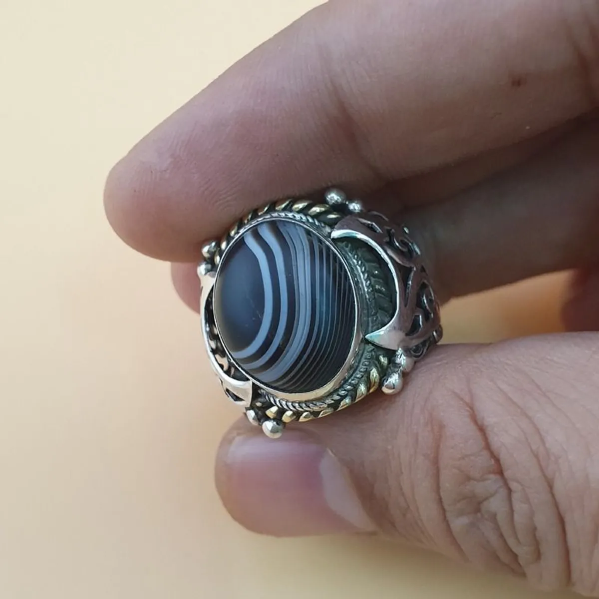 Vintage Brass & Suliemani Eye Agate With Silver Inlay Desgin Ring - Image 3