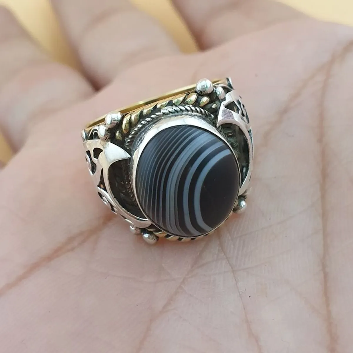 Vintage Brass & Suliemani Eye Agate With Silver Inlay Desgin Ring - Image 4
