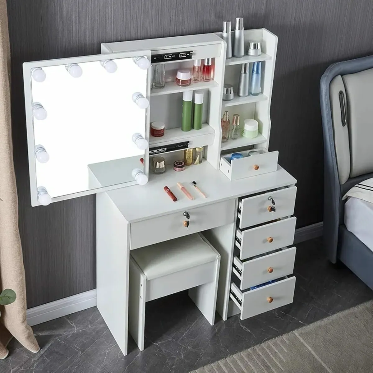 White Dressing Table with Hollywood LED Vanity Mir - Image 3