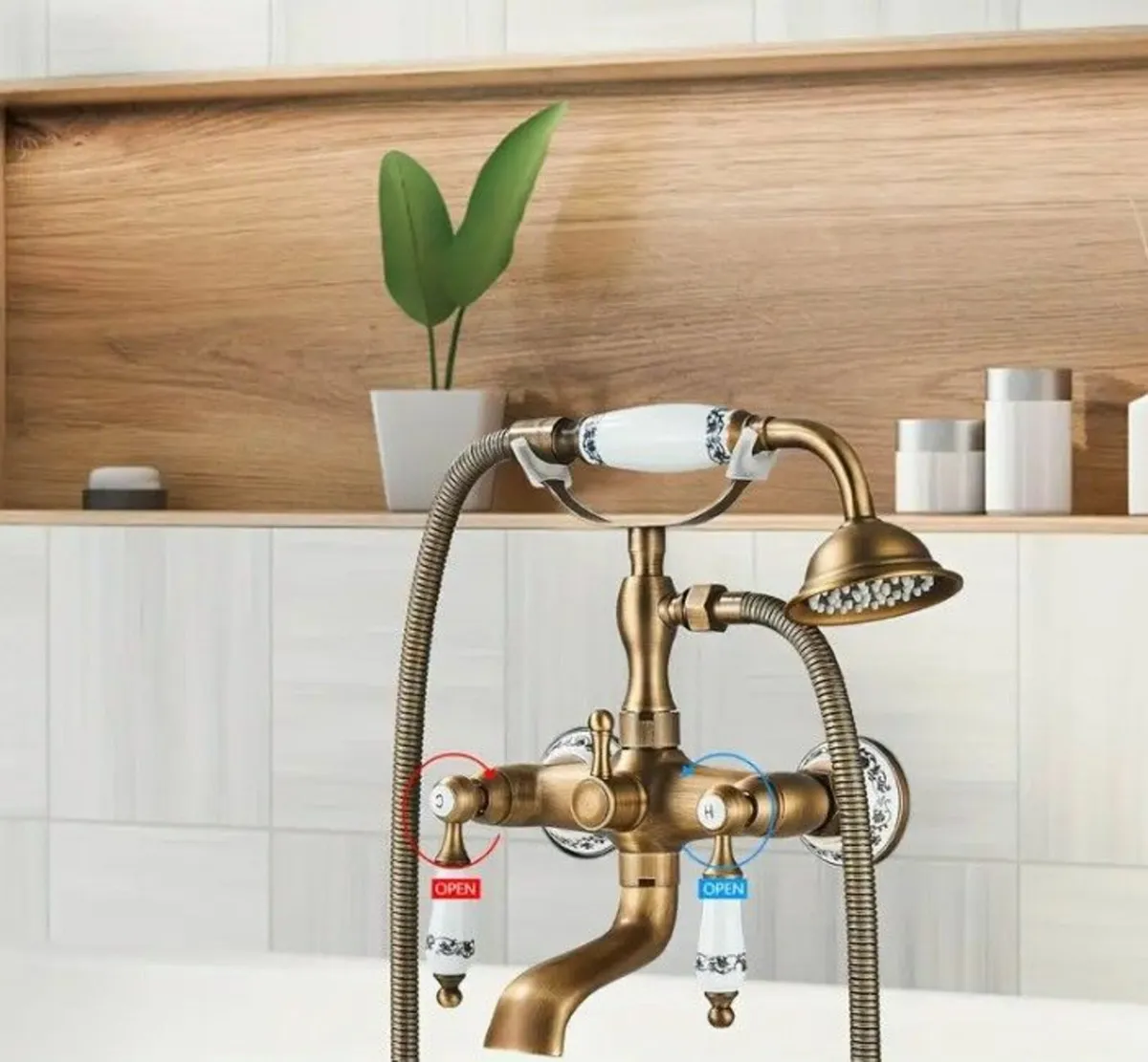 Antique Brass Bathtub Faucet with Hand Shower Dual - Image 2