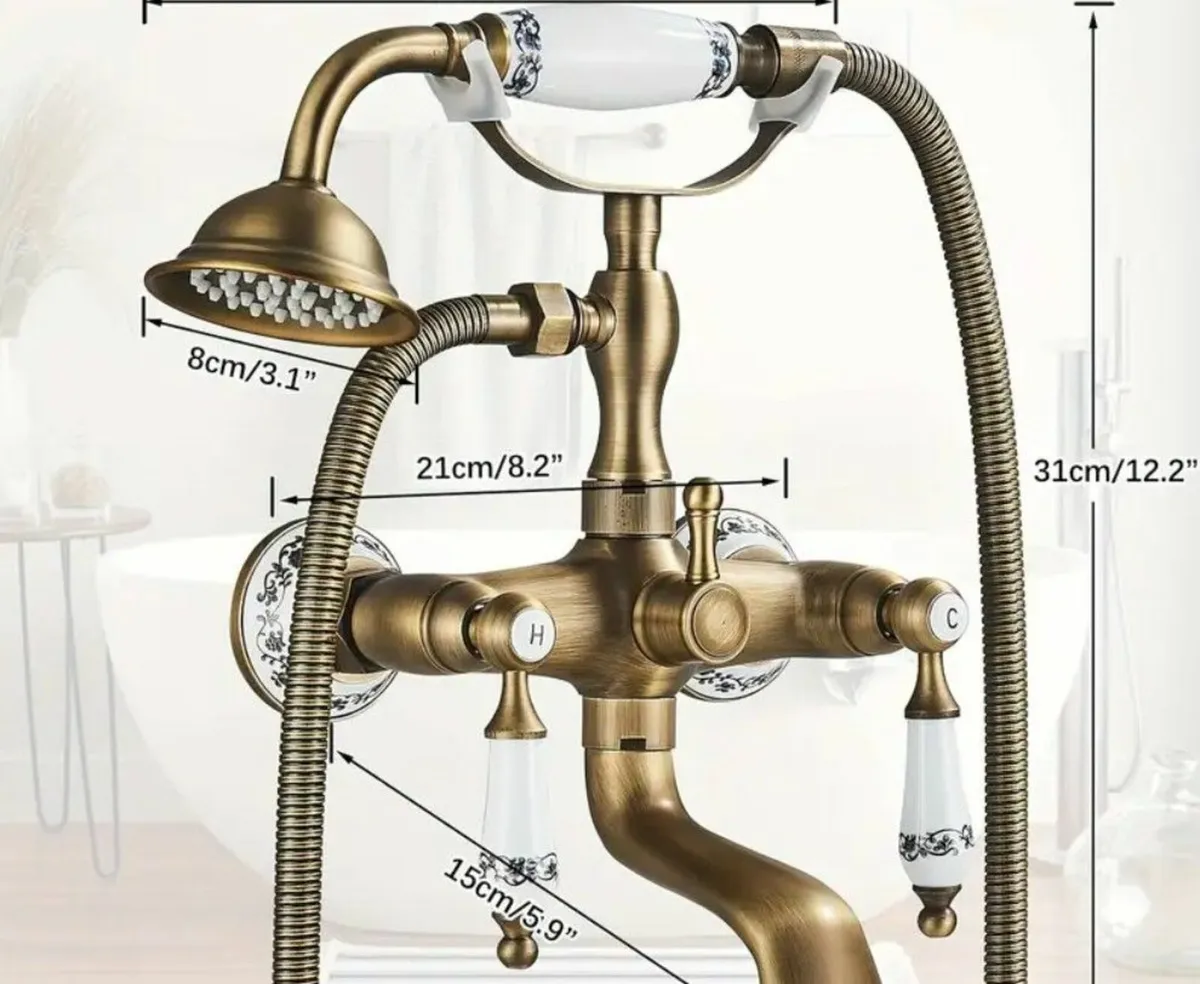 Antique Brass Bathtub Faucet with Hand Shower Dual - Image 3