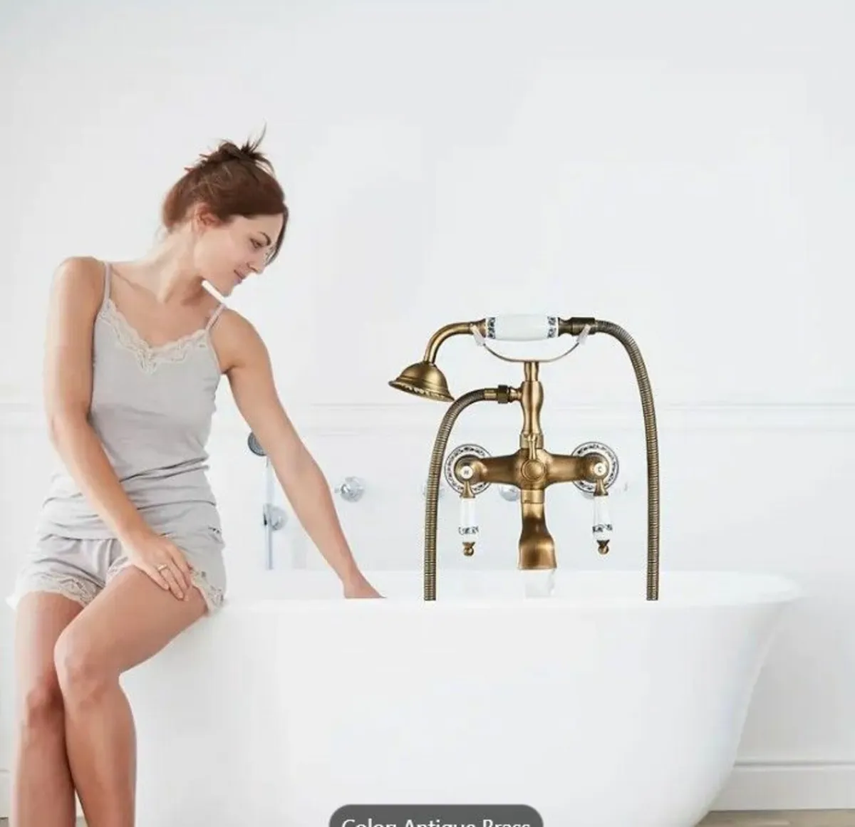 Antique Brass Bathtub Faucet with Hand Shower Dual - Image 4
