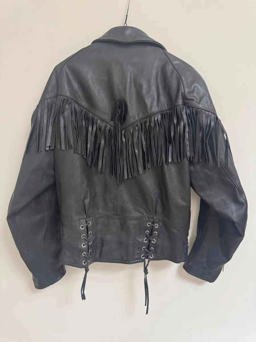 Motorcycle black leather jacket with tassels - Image 1