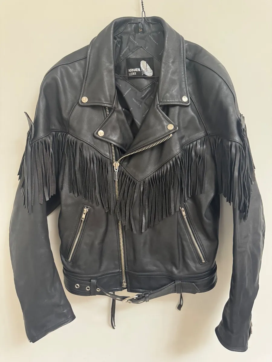 Motorcycle black leather jacket with tassels - Image 2