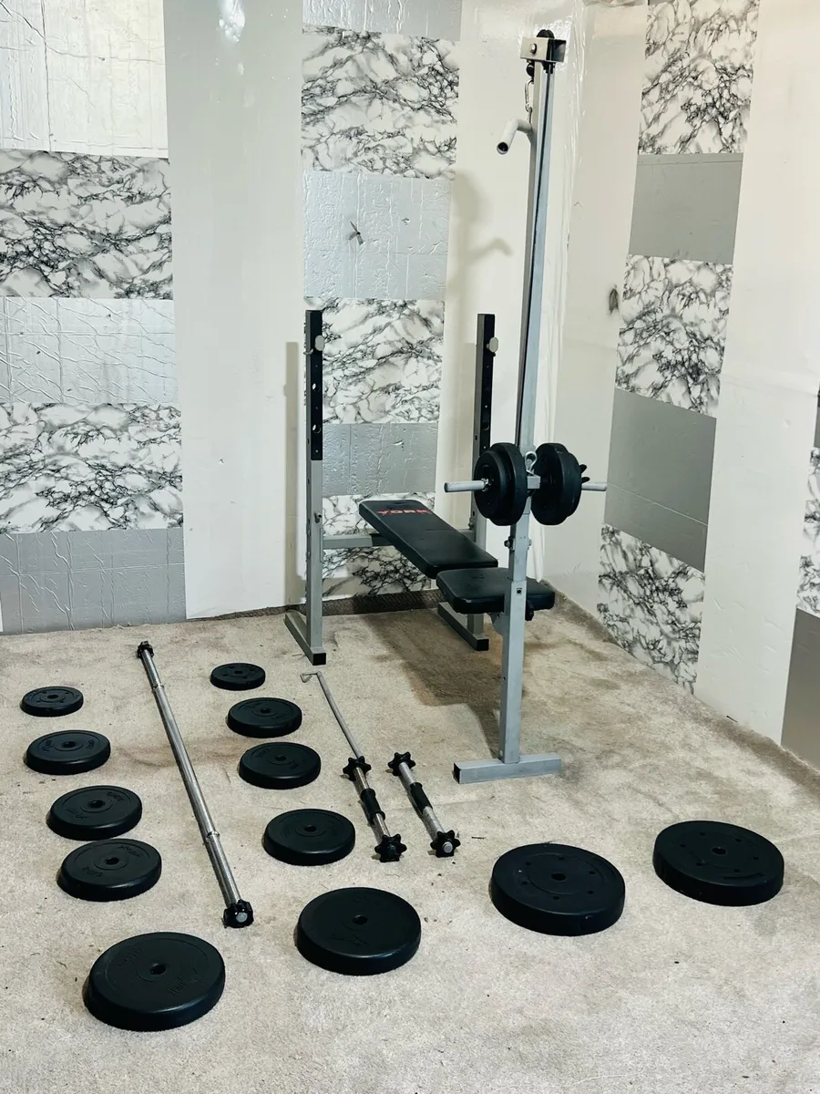 Adjustable bench with pulley 50KG WEIGHTS BARBELL - Image 1