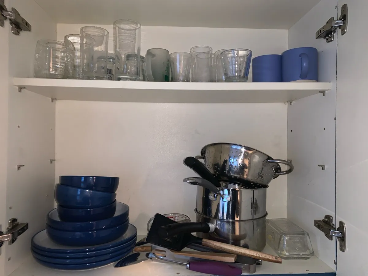 Kitchen plates, pots, glasses, mugs, utensils